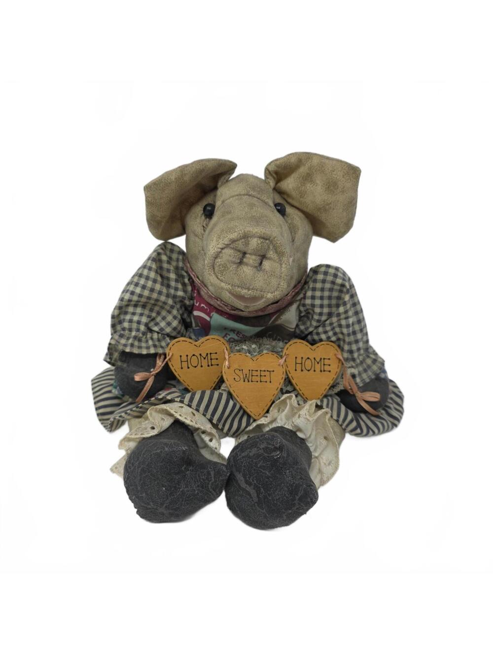 Country Pig Cloth Doll Home Sweet Home Hearts 16.5" Farmhouse Shelf Sitter